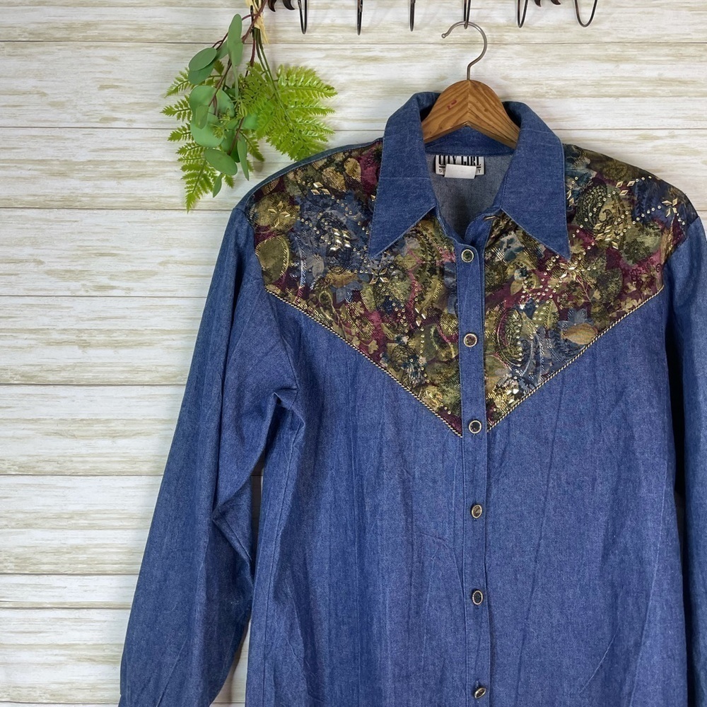 Vintage Denim Tapestry Patchwork Button Shirt - image 2